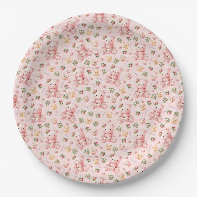 Prato De Papel Urso de Macaron de Morango Fofo e Frutas  (Frente)