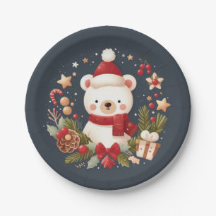 Prato De Papel Urso de Natal/Inverno em coroa