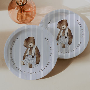 Prato De Papel Urso de pelúcia azul vintage com listras finas