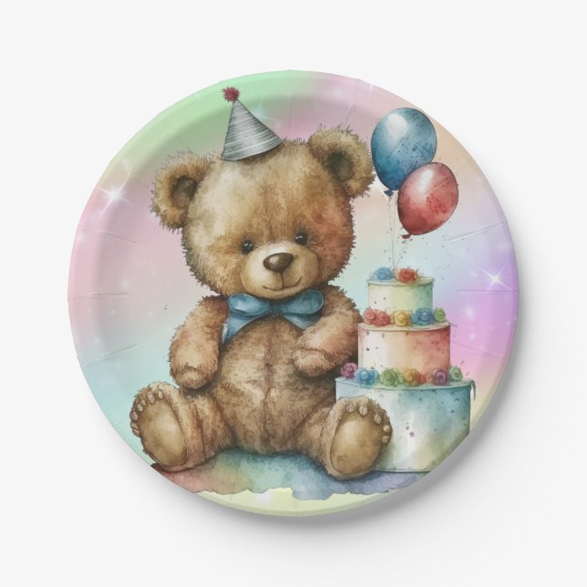 Prato De Papel Urso de pelúcia de aniversário (Frente)