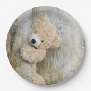 Prato De Papel Urso de pelúcia fofo Fundo de madeira rústica