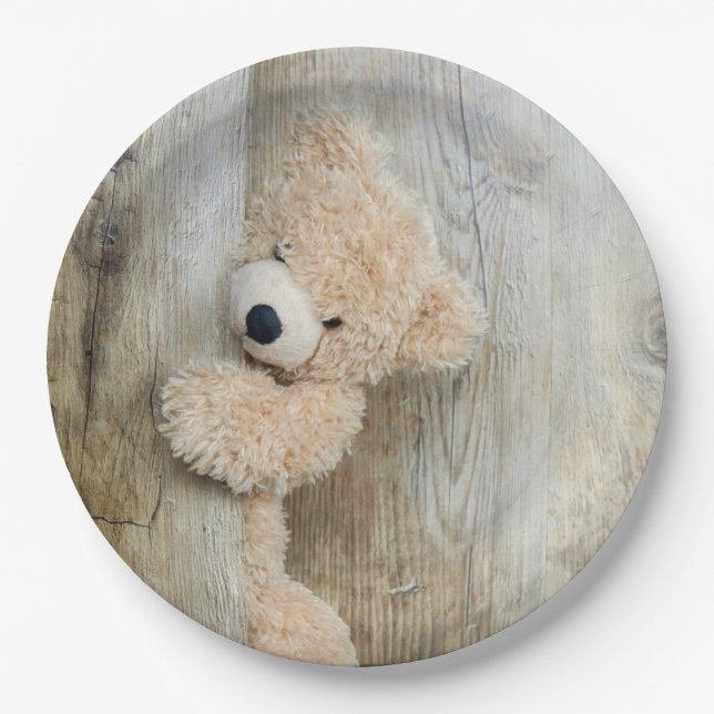 Prato De Papel Urso de pelúcia fofo Fundo de madeira rústica (Frente)