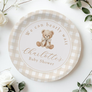 Prato De Papel Urso de pelúcia Gingham Neutro Chá de Bebê