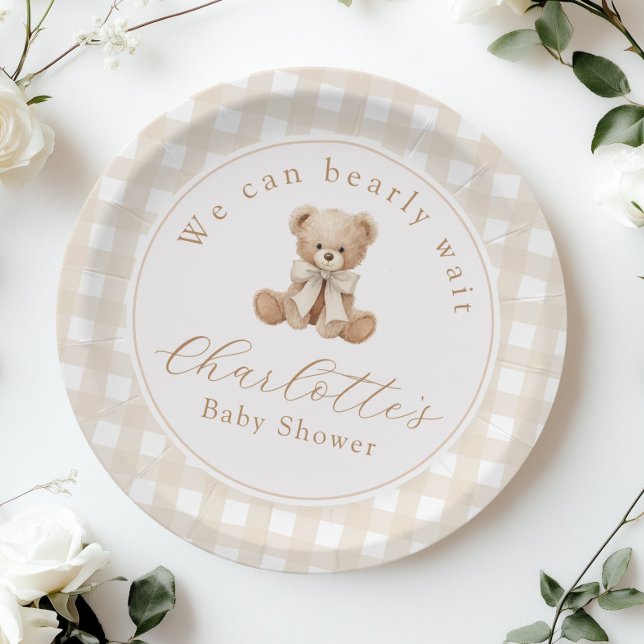 Prato De Papel Urso de pelúcia Gingham Neutro Chá de Bebê (Criador carregado)