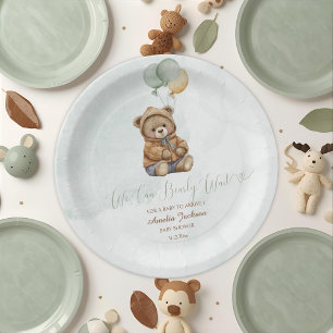 Prato De Papel Urso de Pelúcia Marrom Verde Sage Balões Bebê