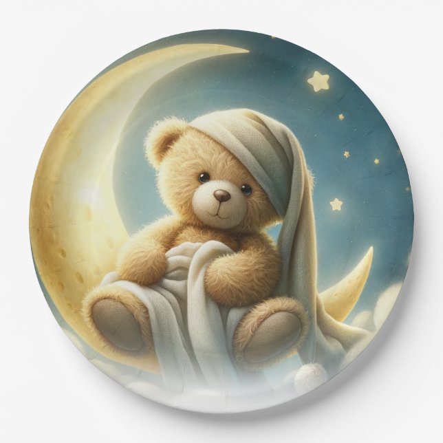 Prato De Papel Urso de Pelúcia na Lua Luz Estrelas Chás de Bebê (Frente)