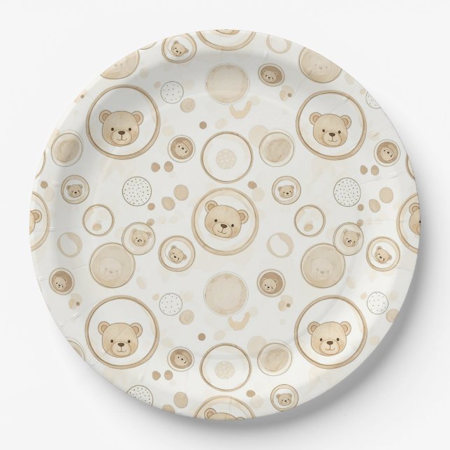 Prato De Papel Urso de Pelúcia Neutro Círculo Padrão Bege Bebê (1 (Frente)