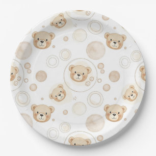 Prato De Papel Urso de Pelúcia Neutro Círculo Padrão Bege Bebê (2