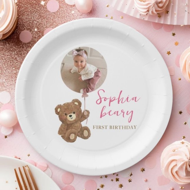 Prato De Papel Urso de Pelúcia Rosa Foto de Primeiro Aniversário (Criador carregado)