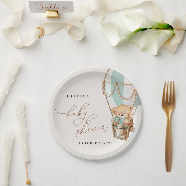 Prato De Papel Urso de Teddy, Balão de Ar Quente Verde, Chá de fr (Casamento)