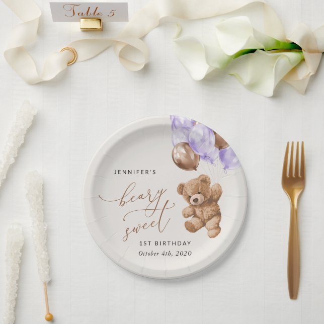 Prato De Papel Urso de Teddy, Balões Roxos, Primeiro Aniversário (Casamento)