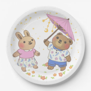 Prato De Papel Urso de Teddy e Coelhinho sob a Ilustração das Est