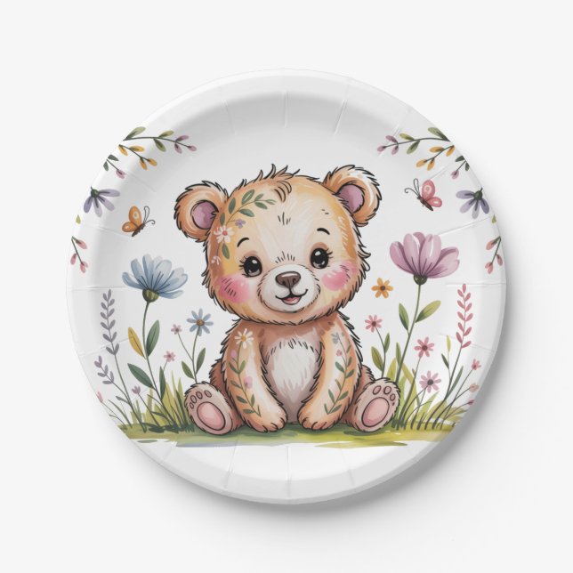 Prato De Papel Urso Floral Que Podemos Ampliar Chá de fraldas De  (Frente)