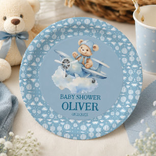 Prato De Papel Urso Fofo Avião Azul Tempo Voa Primeiro 1º Anivers