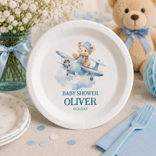 Prato De Papel Urso Fofo Avião Azul Tempo Voa Primeiro 1º Anivers