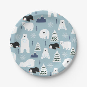 Prato De Papel Urso Inverno Cinto e Partido Azul Pinguim