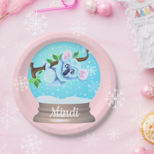 Prato De Papel Urso koala fofo globo de neve rosa menina