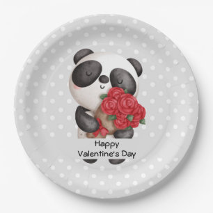 Prato De Papel Urso Panda Bonito com Namorados Rose Bouquet