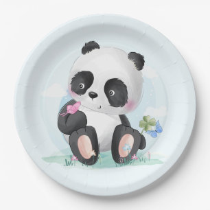 Prato De Papel Urso Panda de Aquarela com Borboletas