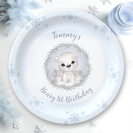 Prato De Papel Urso Polar Azul-primeiro aniversario Cinzento