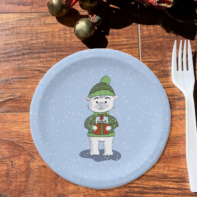 Prato De Papel Urso Polar com Placa de Papel Feriado Azul de Pres (Cute polar bear blue paper plate for a friendly kid winter party .)