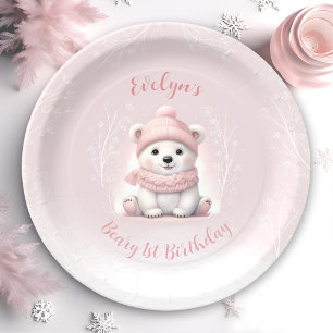 Prato De Papel Urso Polar Cor-de-Rosa primeiro aniversario Cinza