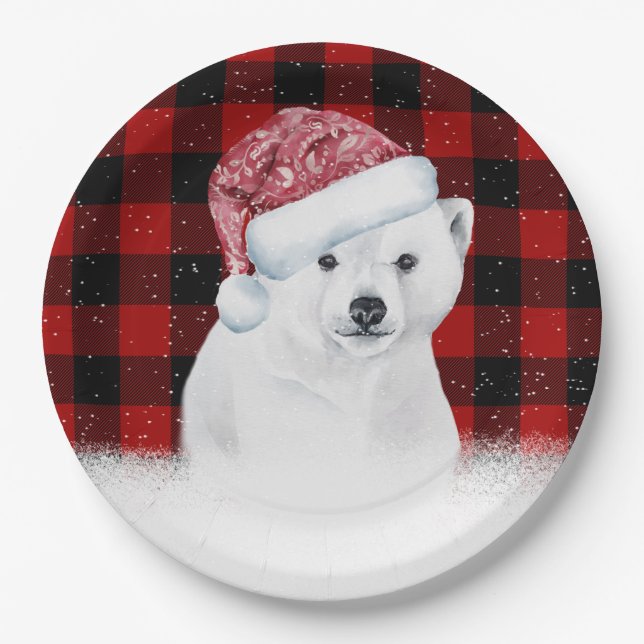 Prato De Papel Urso Polar De Natal Na Xadrez De Buffalo (Frente)