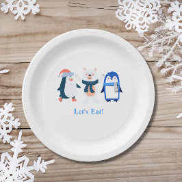 Prato De Papel Urso polar dos pinguins-bebê do inverno azul