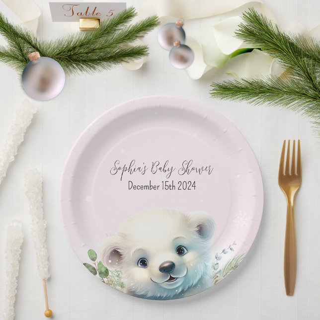Prato De Papel Urso Polar Inverno Frio Fora do Chá de fraldas Ros (Pink Polar Bear Winter Baby Shower Paper Plate)