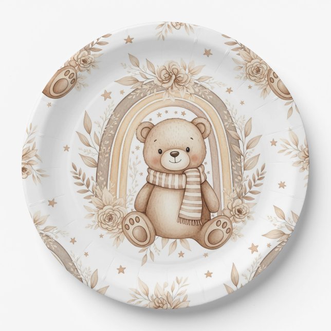 Prato De Papel Urso Teddy Boho Arco-íris Floral Neutro (Frente)