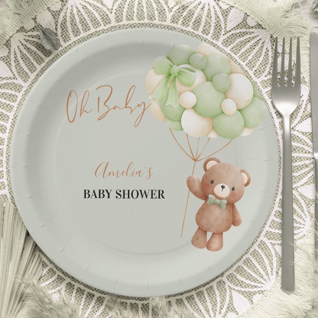 Prato De Papel Urso Verde Neutro Oh Bebê Balão Bebê (Criador carregado)