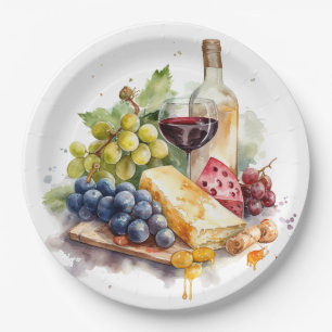 Prato De Papel Uvas de Vinícola Queijo Vinho Vidro Aquarela