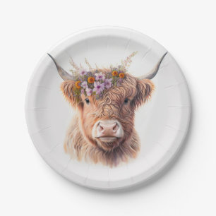 Prato De Papel Vaca das Terras Altas com Coroa Floral Ilustração