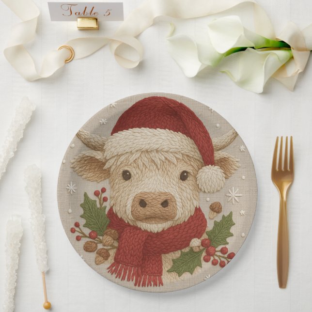 Prato De Papel Vaca do Planalto Russo com Santa Hat (Casamento)