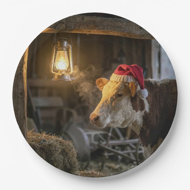 Prato De Papel Vaca Hereford de Natal em um celeiro (Frente)
