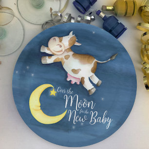 Prato De Papel Vaca pula a lua em aquarela baby shower