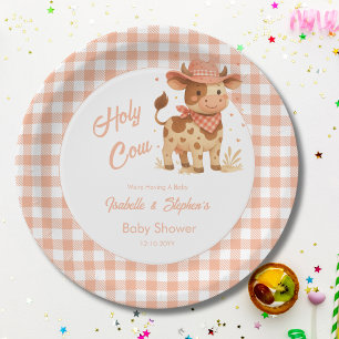 Prato De Papel Vaca Sagrada Estamos Tendo Um Bebê Rustico Xadrez