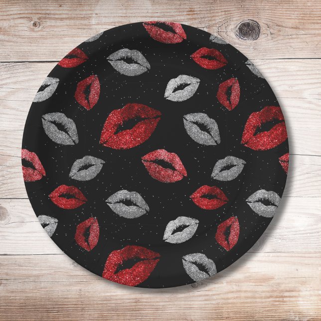 Prato De Papel Valentines Red Silver Glitter Lips on Black  (Criador carregado)