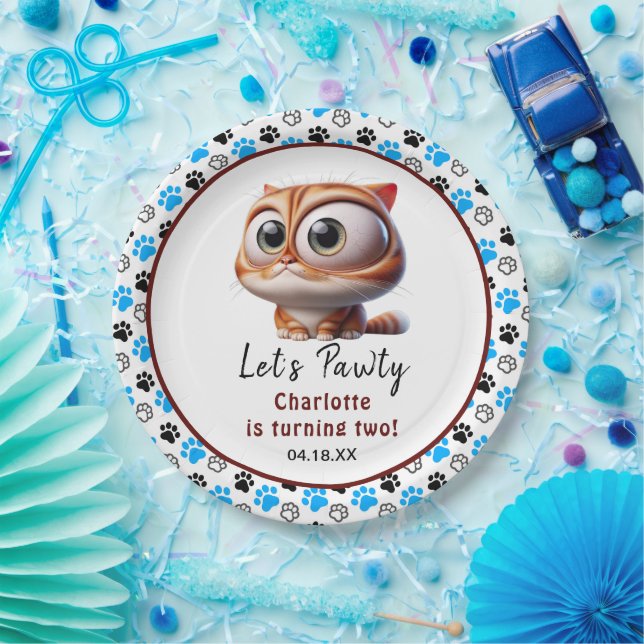 Prato De Papel Vamos Pawty! Festa de segundo aniversário de Gato  (Festa)