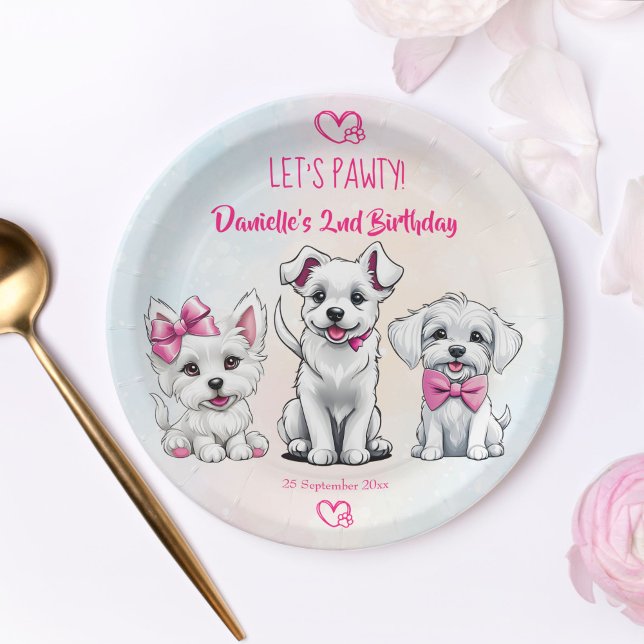 Prato De Papel Vamos rosado e fofinho, cachorrinho, impresso no a (Let's pawty cute puppies pink bows birthday printed paper plates personalized plates table decor)