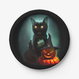 Prato De Papel Vampiro Gato e Mágico Pumpkin Halloween Surreal