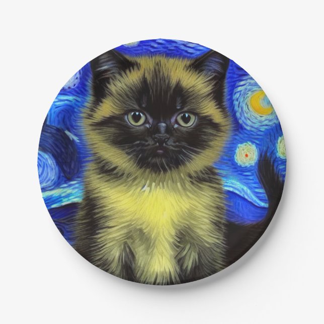 Prato De Papel Van Gogh Starry Night Siamese Cat (Frente)