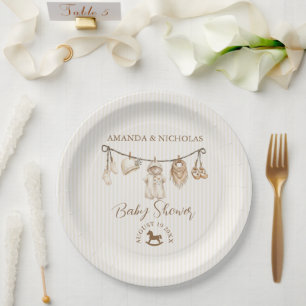 Prato De Papel Varal de Roupas de Bebê Neutro Xadrez Chá de Bebê