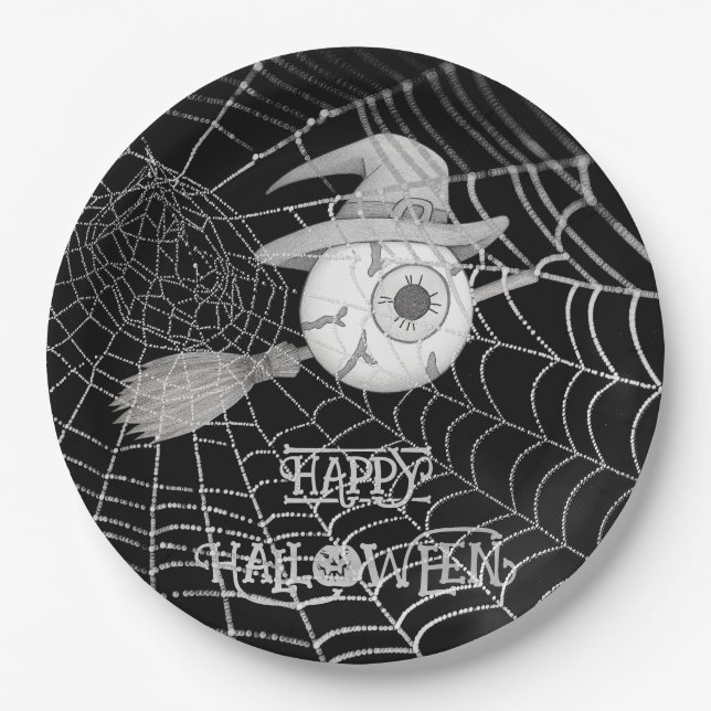 Prato De Papel Vassoura-de-bruxa do Halloween, olho assustador, t (Frente)
