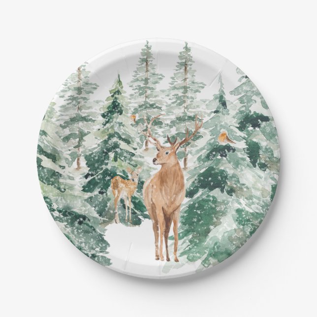 Prato De Papel Veado Rustic Snowy Winter Woodland (Frente)