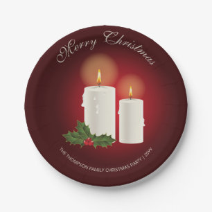 Prato De Papel Velas de Natal Brancas em Vermelho com Texto Perso