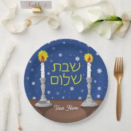 Prato De Papel Velas Shalom Personalizadas de Shabbat com Estrela