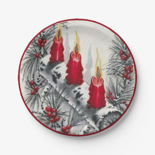 Prato De Papel Velas vermelhas de Natal Vintage Agulhas de pinhei