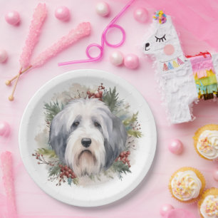 Prato De Papel Velha Inglês Sheepdog Christmas Wreath Festivo Pup