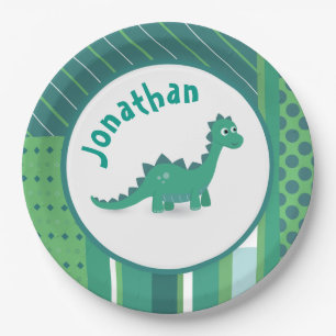Prato De Papel Verde/azul com dinossauro fofo